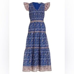 SEA New York 0 Rosita Smocked Flutter Sleeve Midi Dress Blue Floral Multi Cotton